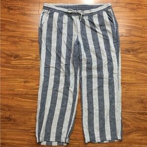 Old Navy Women's Blue Gray Stripe Linen Drawstring Relaxed Crop Pant XL Coastal